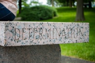 A stone bench with the word 'DETERMINATION' carved into it, set in a lush green park environment. Part of a person is visible sitting on the bench, with trees and grass in the background.