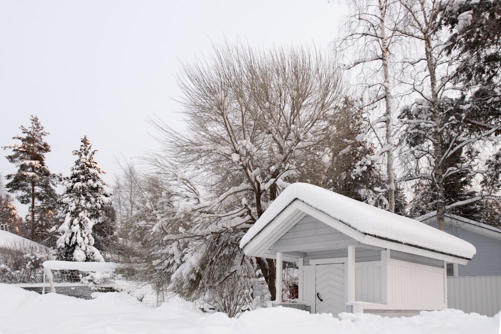 昼間は雪に覆われた茶色の木造住宅