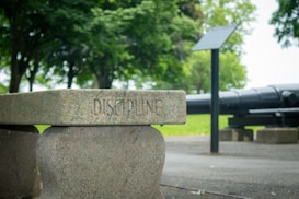 A stone bench with the word 'DISCIPLINE' engraved on it. In the background, a large cannon is mounted on a platform and several trees with lush green foliage are visible. A signage plaque is placed near the cannon.