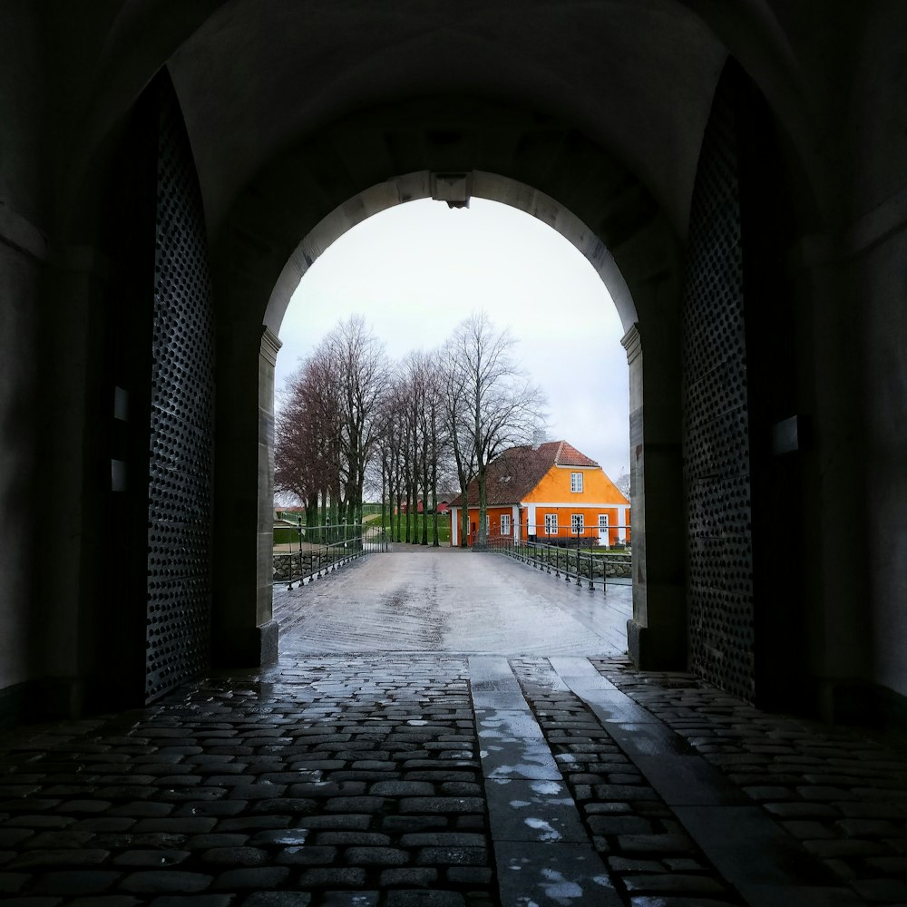 a view of a building through an archway