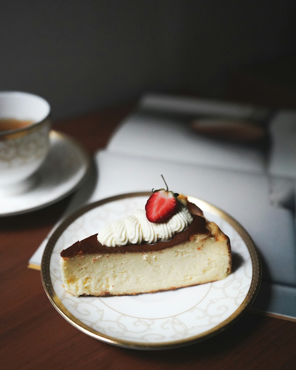 brown cake on white ceramic plate