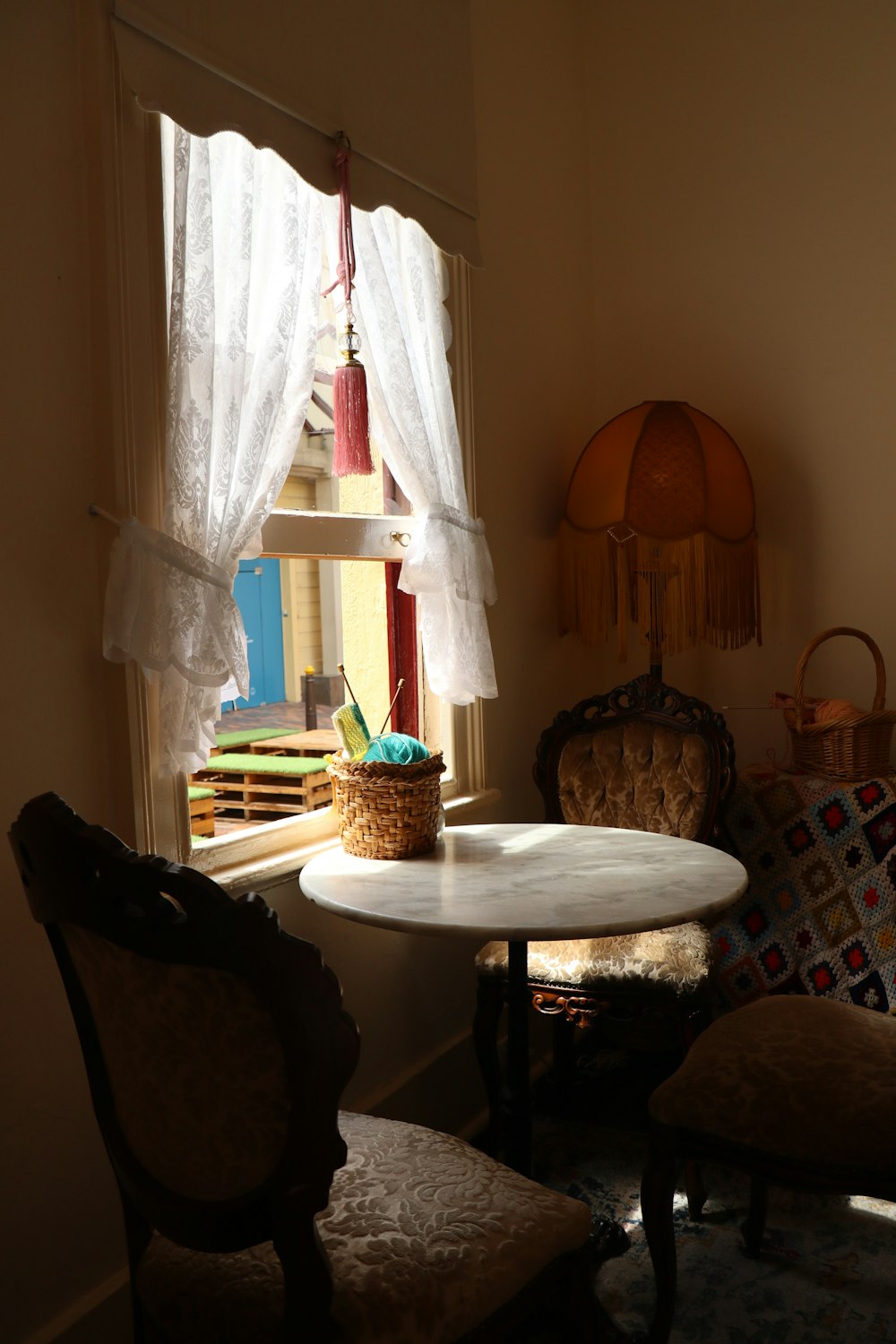 brown wooden table with white table cloth