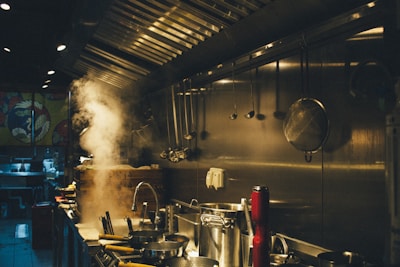 Impeccably clean commercial kitchen with stainless steel appliances and spotless countertops