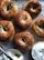 A collection of freshly baked bagels, some topped with black sesame seeds, others with a light sprinkling of herbs. The bagels are placed on a baking tray, showing a golden-brown crust. A dish of cream cheese with a spreading knife is partially visible in the bottom corner.