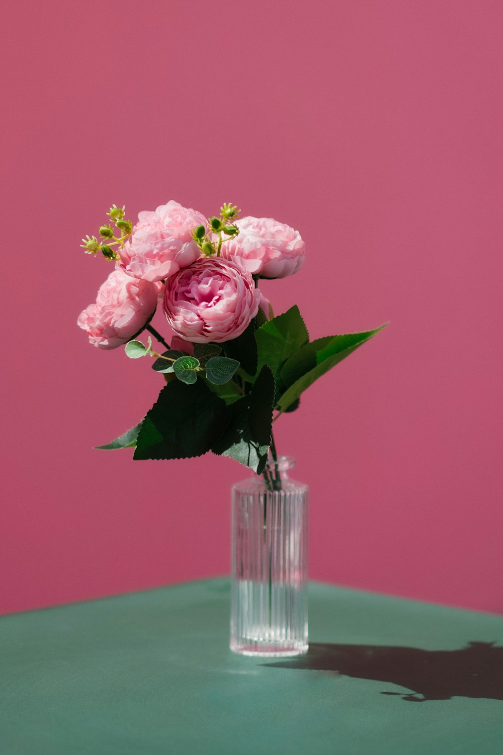 pink roses in clear glass vase