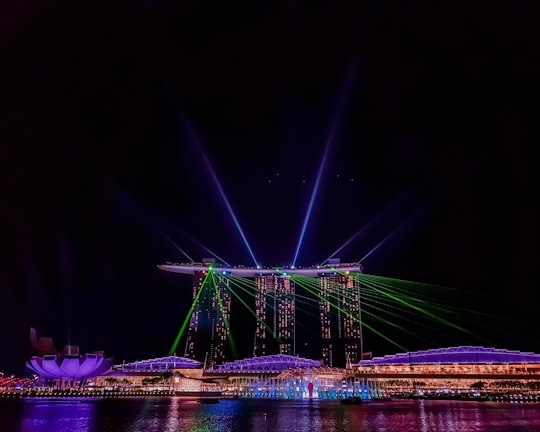 green bridge with lights during night time in Merlion Park Singapore