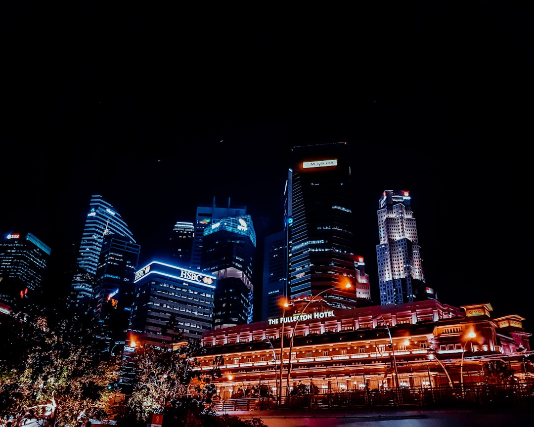 Central Business District view at night located about 2km from Marina Bay, Singapore. In the frame are The Fullerton Hotel, Maybank, UBS and HSBC buildings.