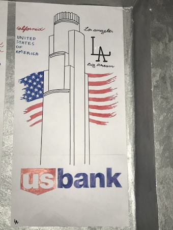 A stylized drawing of a skyscraper with an American flag in the background. The words 'California,' 'United States of America,' 'Los Angeles,' 'LA,' and 'Big Dreams' are written around the image. At the bottom, there is the logo for US Bank.