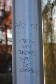 A metallic pole with graffiti written in Dutch, surrounded by a blurred autumnal background.