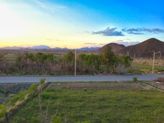 A quiet rural road with distant mountains under sunlight.
