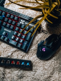 black and blue gaming computer keyboard beside black remote control