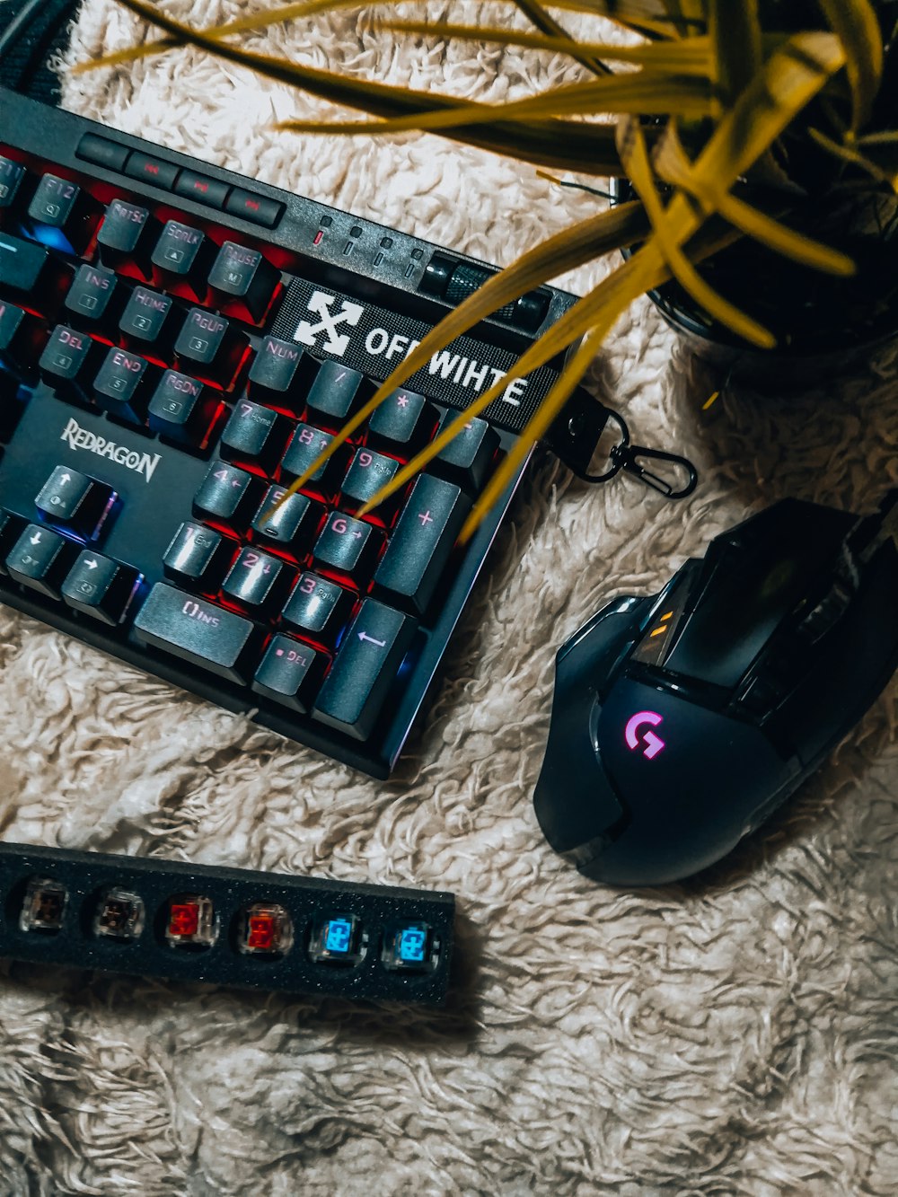 black and blue gaming computer keyboard beside black remote control