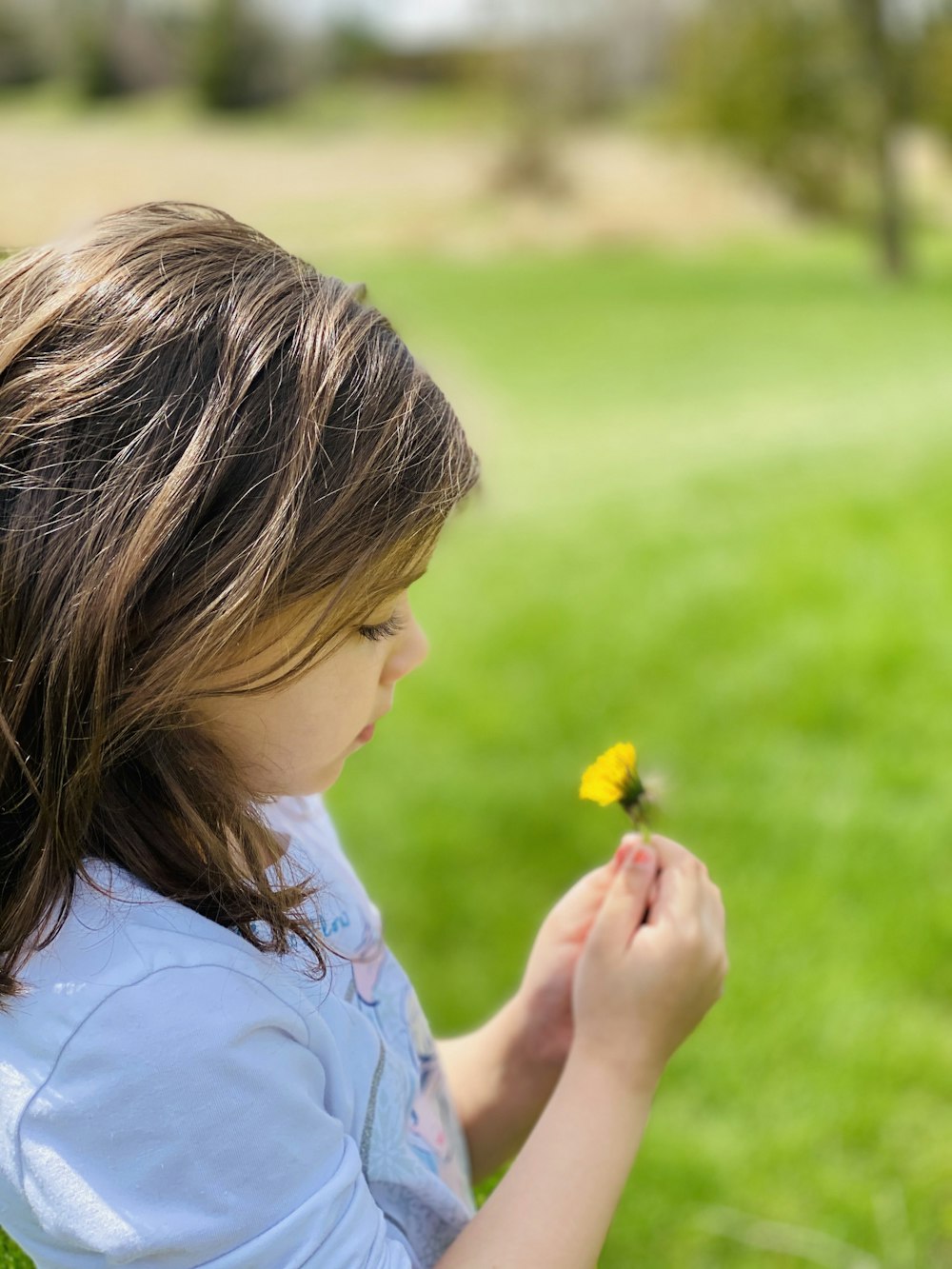 girl in white shirt holding yellow flower during daytime