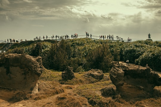 people walking on brown rock formation under white clouds during daytime in Yehliu Taiwan