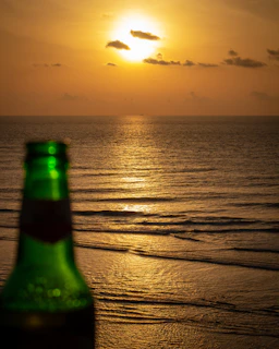 A serene sunset background with tdm sunshine bottles glowing softly in the fading light.