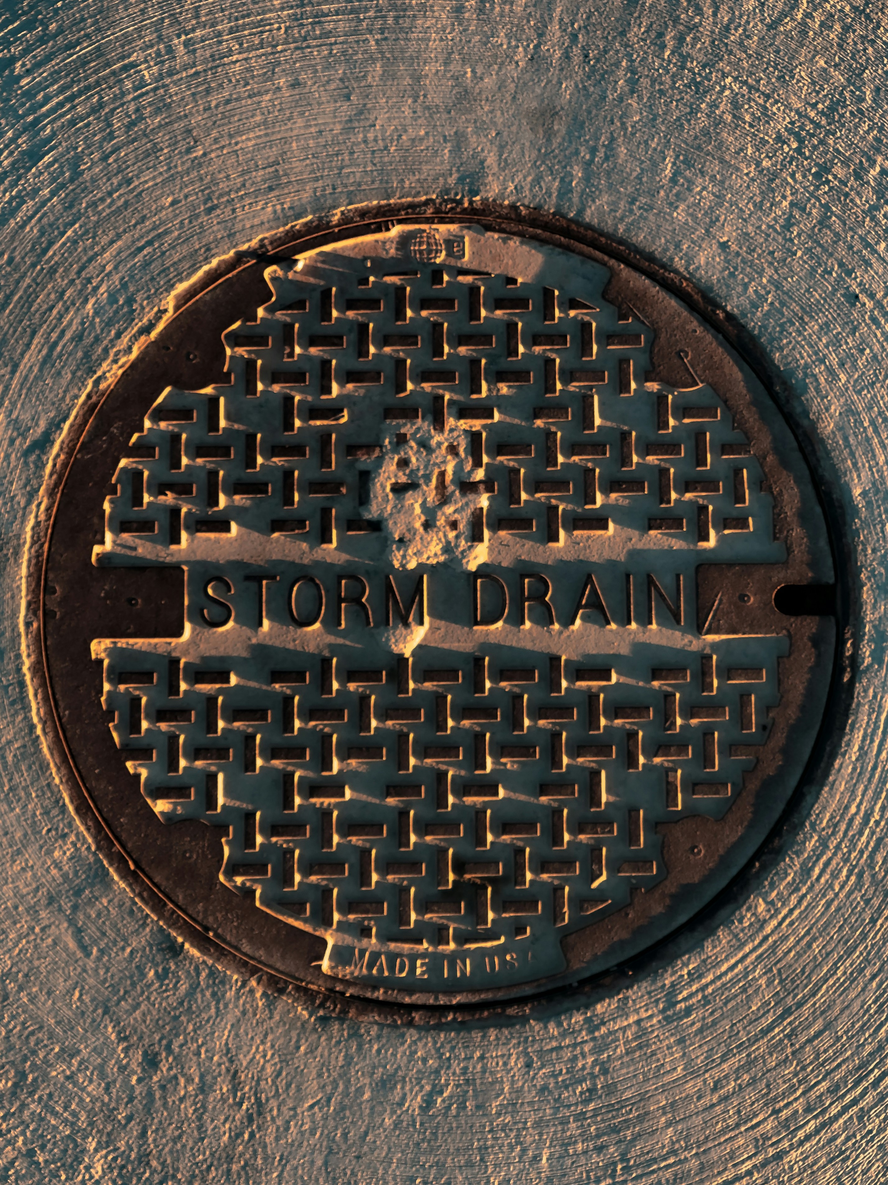 Circlular storm drain lid at golden hour