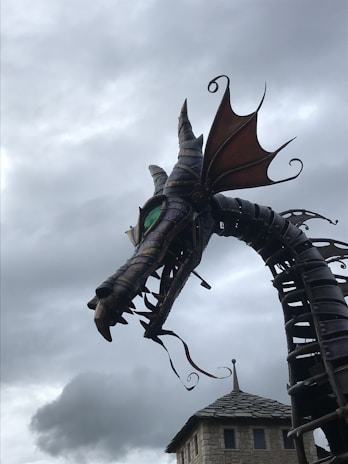 A close-up of a mechanical dragon with intricate gears and glowing eyes.