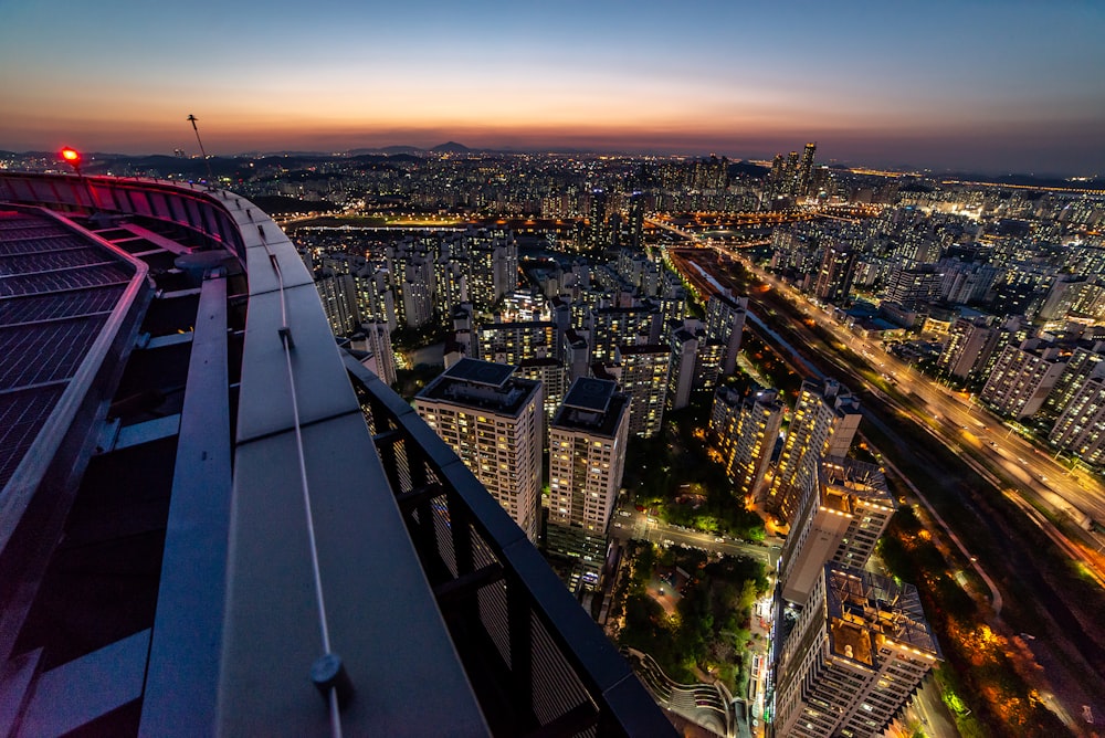 aerial view of city buildings during night time