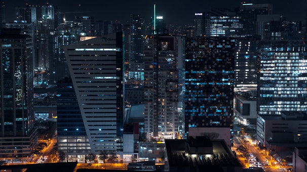high rise buildings during night time