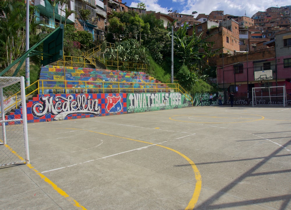 blue and yellow graffiti on road