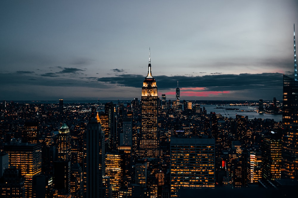 aerial view of city buildings during night time