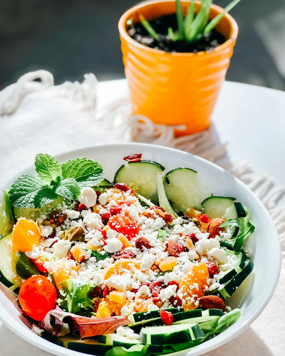 Ensalada de verduras en plato de cerámica blanca