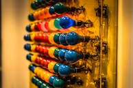 An array of LED bulbs arranged artistically on a white and blue background.