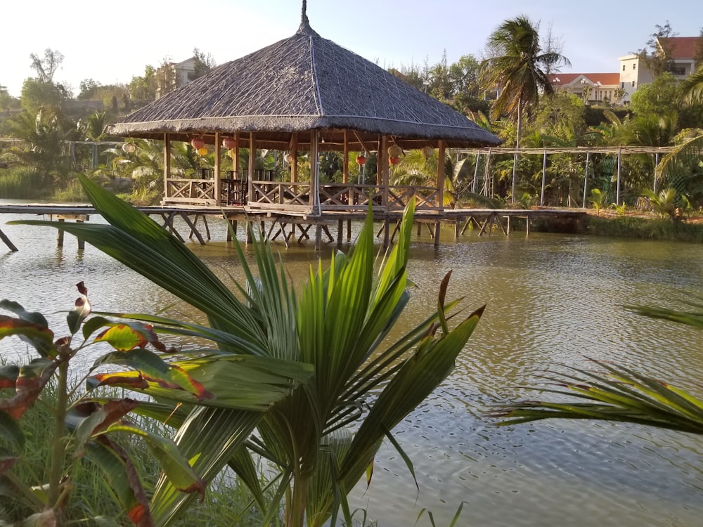 brown wooden house on body of water during daytime