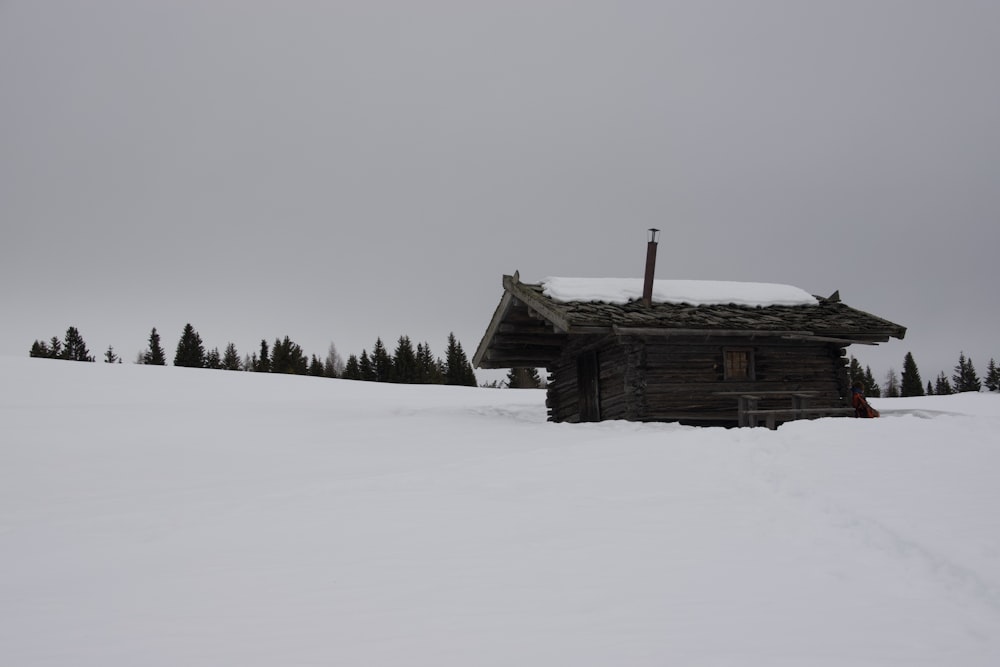 Casa de madera marrón en suelo cubierto de nieve