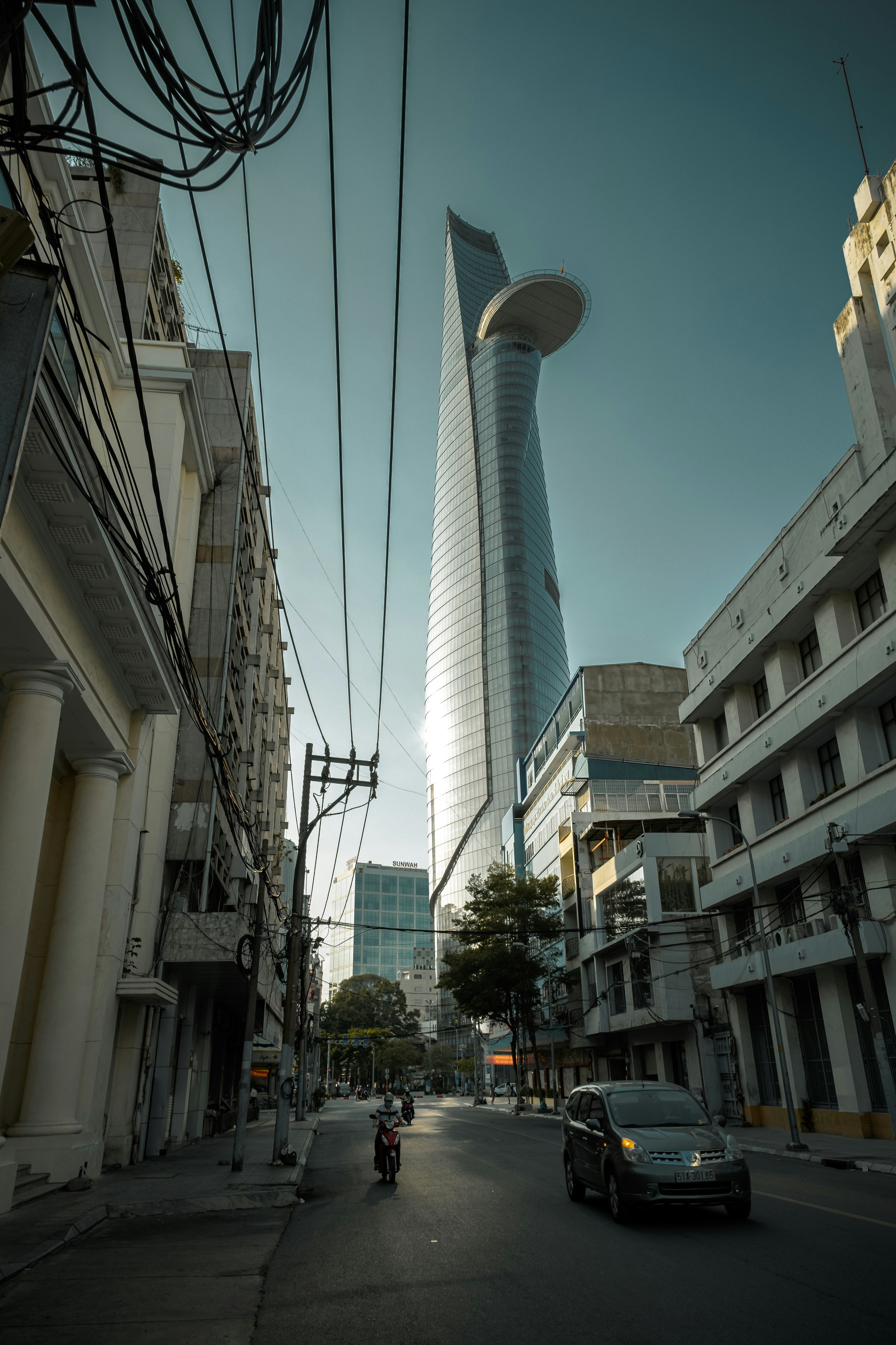 white and blue glass building
