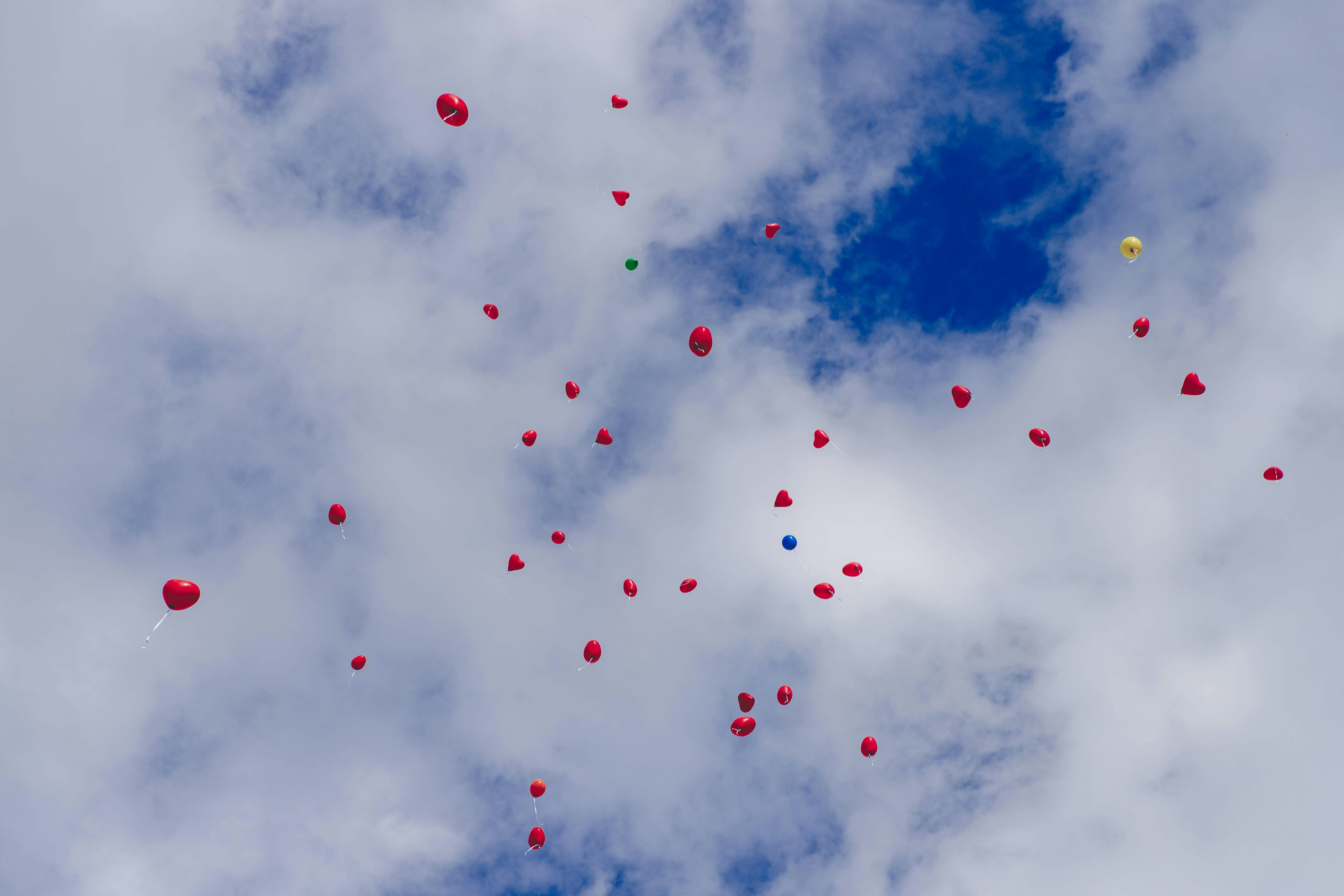 red and black balloons in the sky