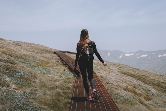 woman in black jacket and black pants walking on brown wooden pathway during daytime in Kosciuszko National Park NSW Australia