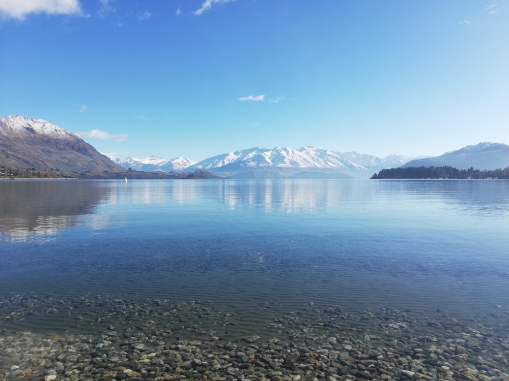 blue lake near white mountains under blue sky during daytime