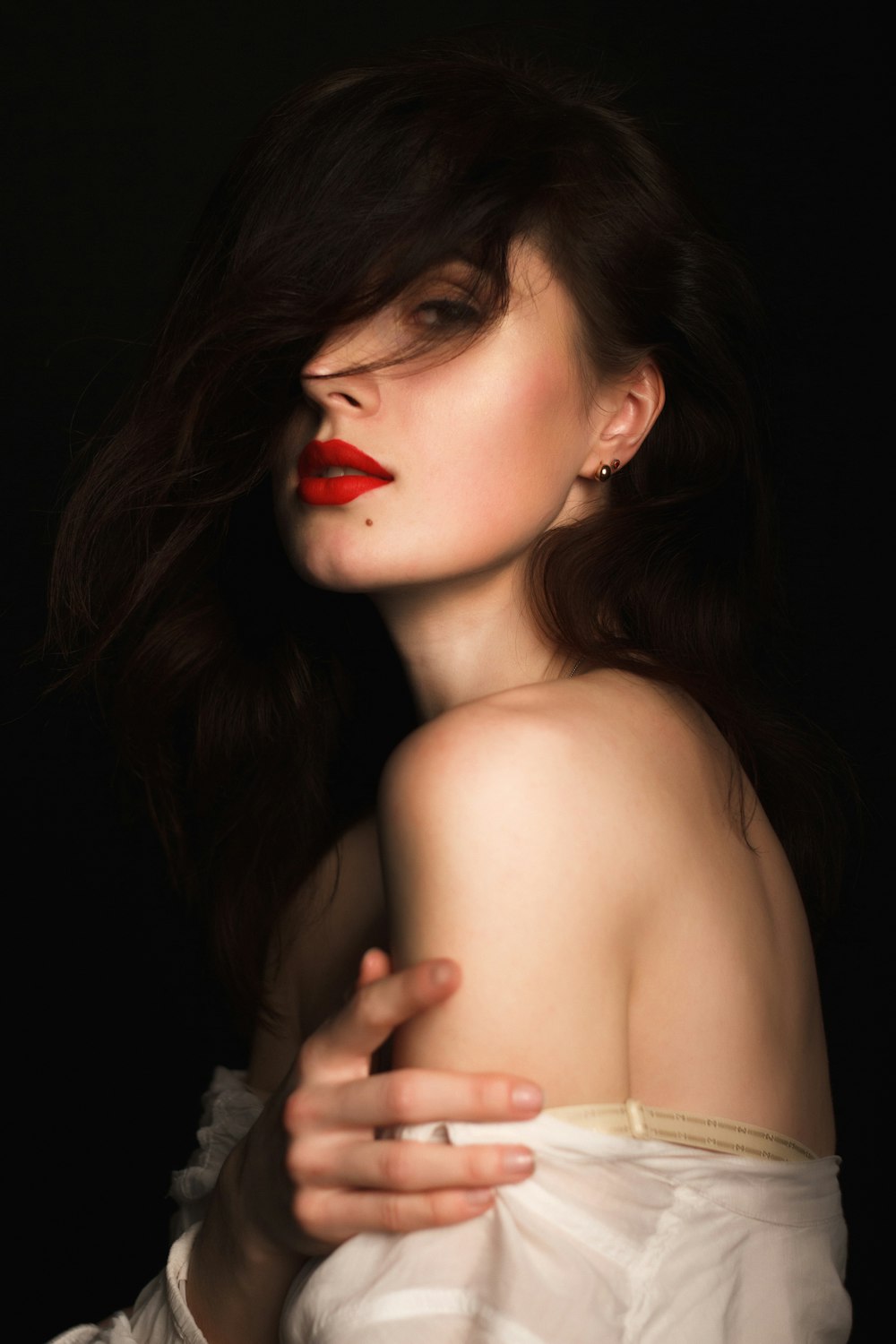 topless woman with red lipstick