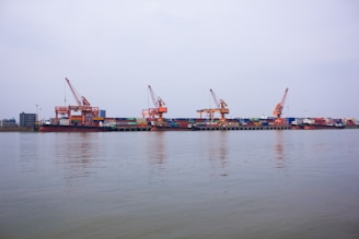 Industrial dock with containers and cranes.