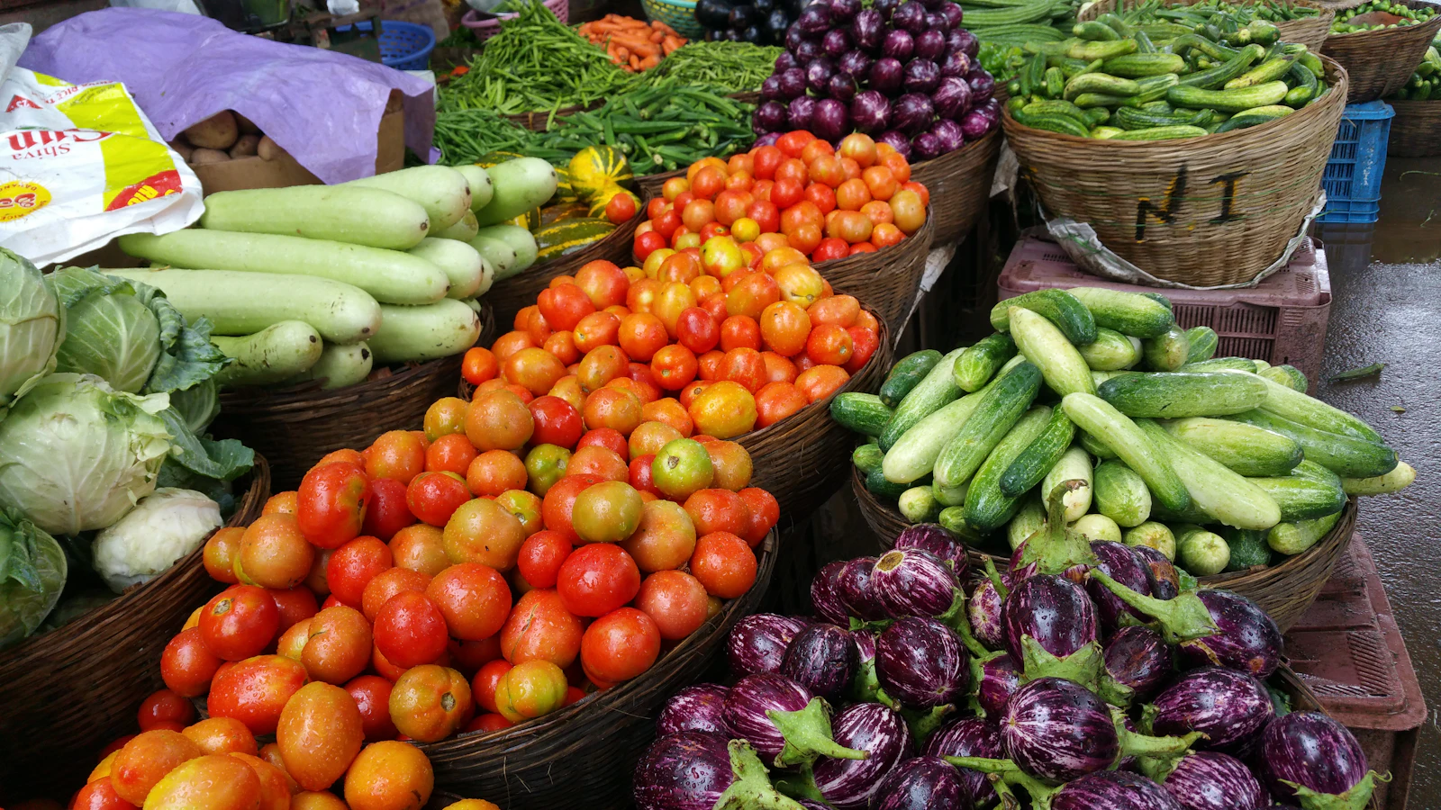 Fresh vegetables in woven baskets