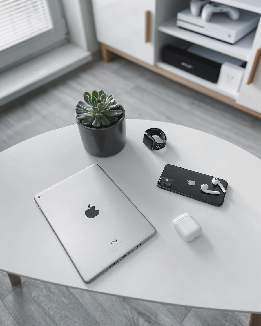 A laptop beside a mouse and a green plant on a white table