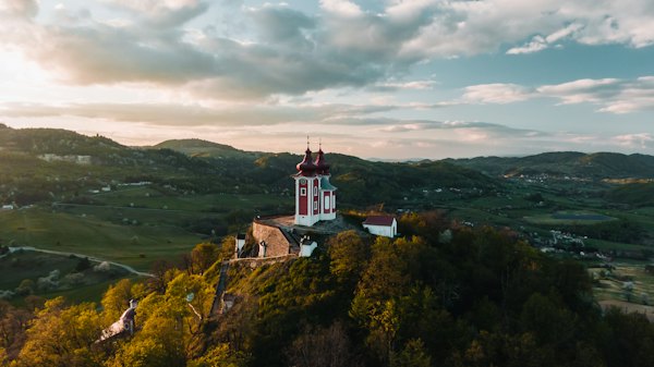 The calvary on its hill at sunset — Banská Štiavnica, Slovakia