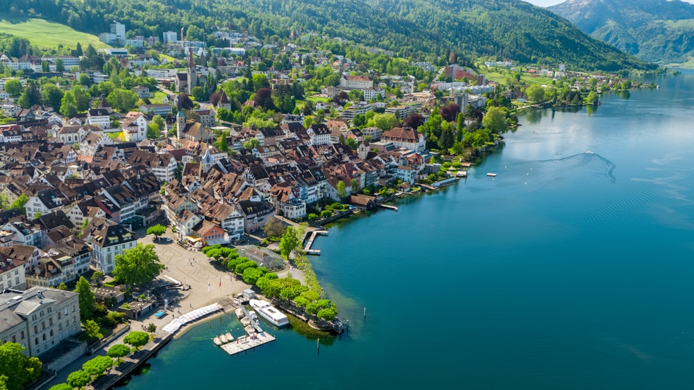 aerial view of city buildings near body of water during daytime