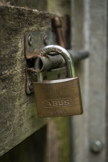 A metallic padlock secured to a wooden gate. The padlock is inscribed with the brand name 'ABUS 65/50'. The wood appears weathered and textured, while the metal components show signs of aging.