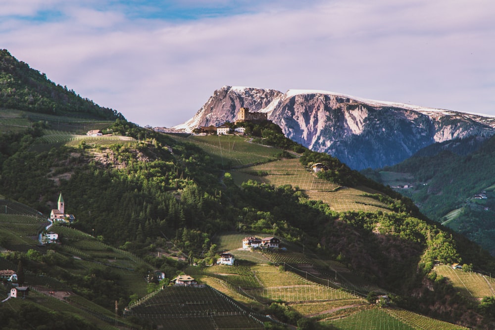 Champ d’herbe verte près de la montagne sous les nuages blancs pendant la journée