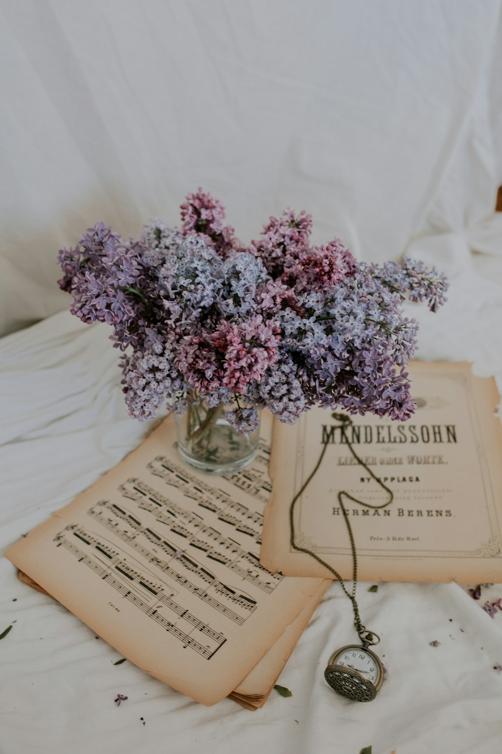 purple flowers on clear glass vase