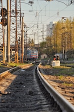 A freight train is situated on railway tracks surrounded by a complex network of overhead wires and numerous signal poles. Greenery and buildings are visible in the background, under a clear sky illuminated by warm sunlight.