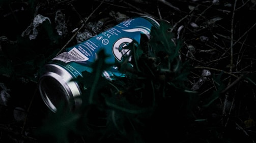 A discarded, crushed aluminum beverage can lies among dark, damp foliage and twigs on the ground. The can has a teal color with white and metallic accents, partially obscured by leaves.