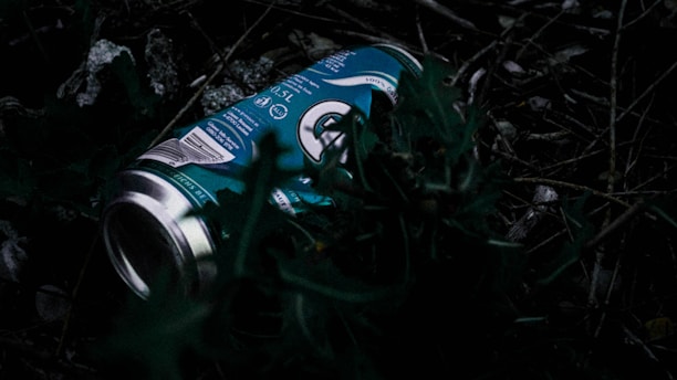 A discarded, crushed aluminum beverage can lies among dark, damp foliage and twigs on the ground. The can has a teal color with white and metallic accents, partially obscured by leaves.