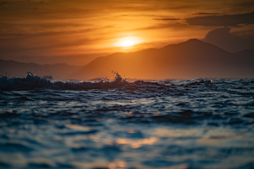 夕暮れ時に海でサーフィンをする人々のシルエット