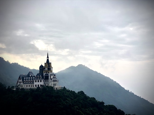 A majestic, gothic-style castle is perched atop a lush, forested hill. The background reveals misty mountains and a cloudy sky, enhancing the mysterious and enchanting atmosphere.