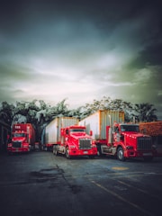 A fleet of red trucks lined up ready for dispatch.