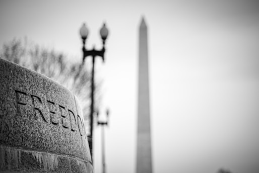 A stone structure with the word 'FREEDOM' engraved on it is in focus. In the background, a blurred tall monument stands centrally, with a classic street lamp nearby. The scene is captured in black and white, giving it a timeless feel.