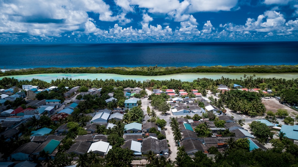 aerial view of city near body of water during daytime